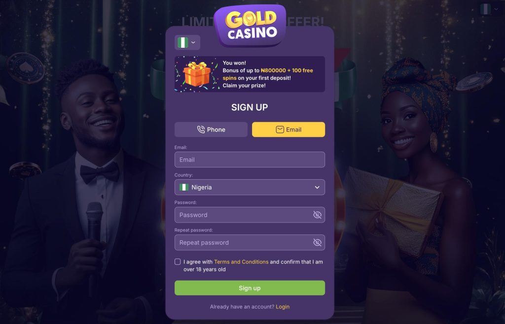 Gold Casino registration via email for Nigeria