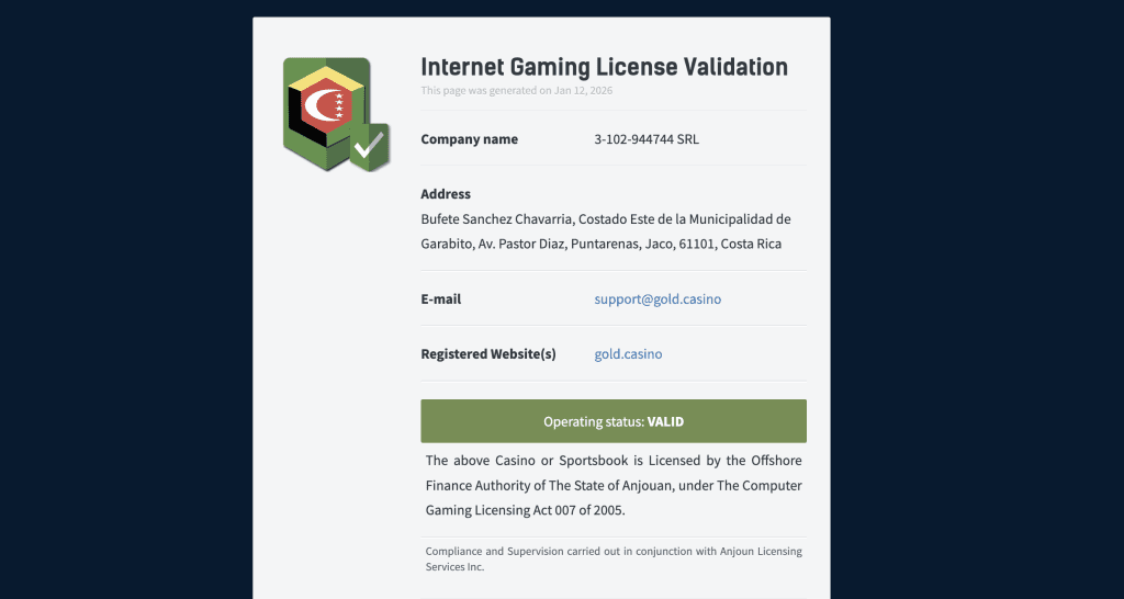 license of Gold casino BD 2026