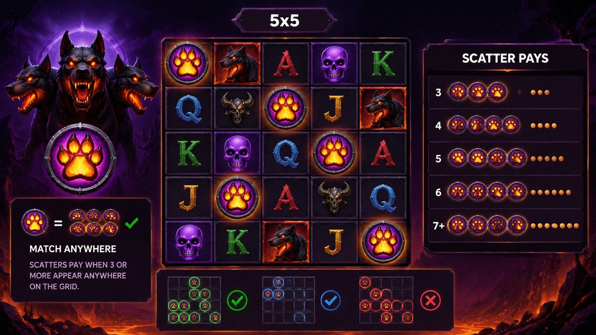 Scatter Pays 5x5 grid diagram for Hounds of Hell slot showing matching symbols anywhere wins