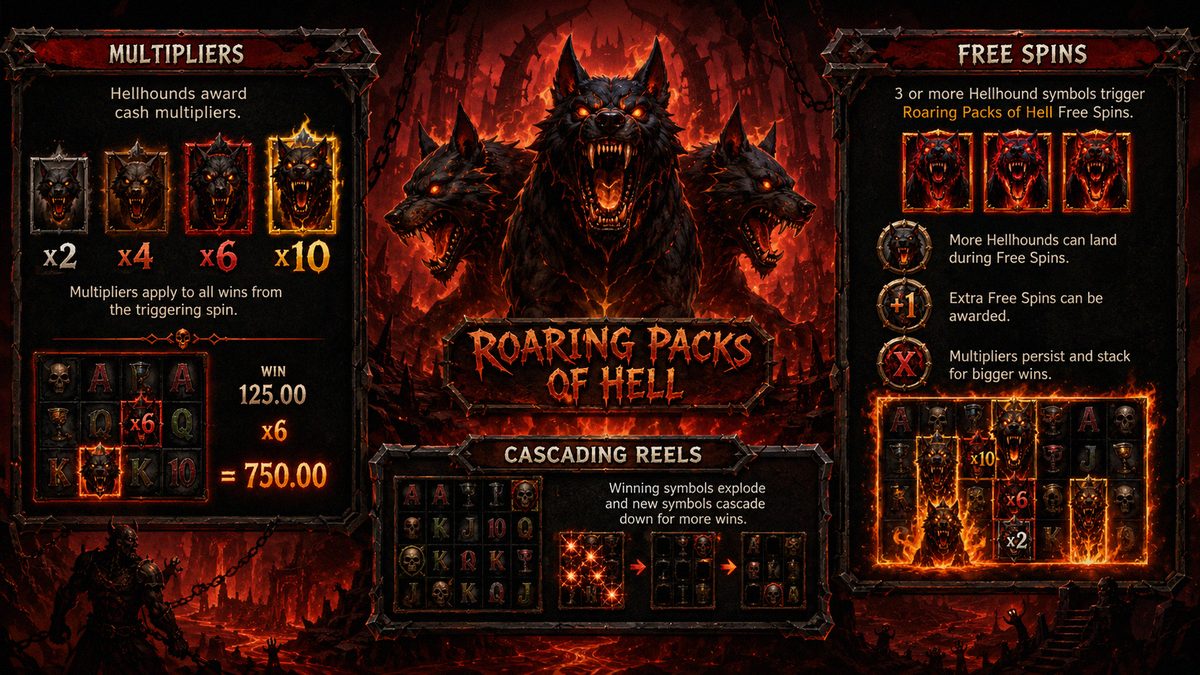 Hounds of Hell bonus features infographic with Hellhound multipliers and free spin modes