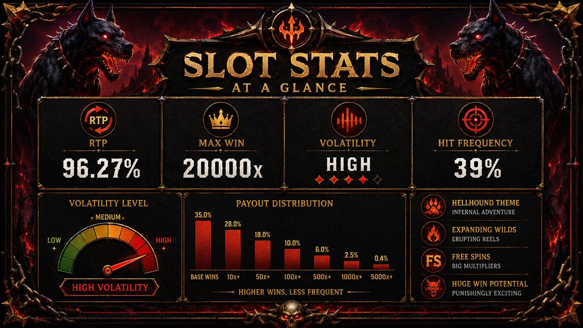 Hounds of Hell slot stats board showing 96.27 percent RTP, 20000x max win, high volatility, and 39 percent hit frequency